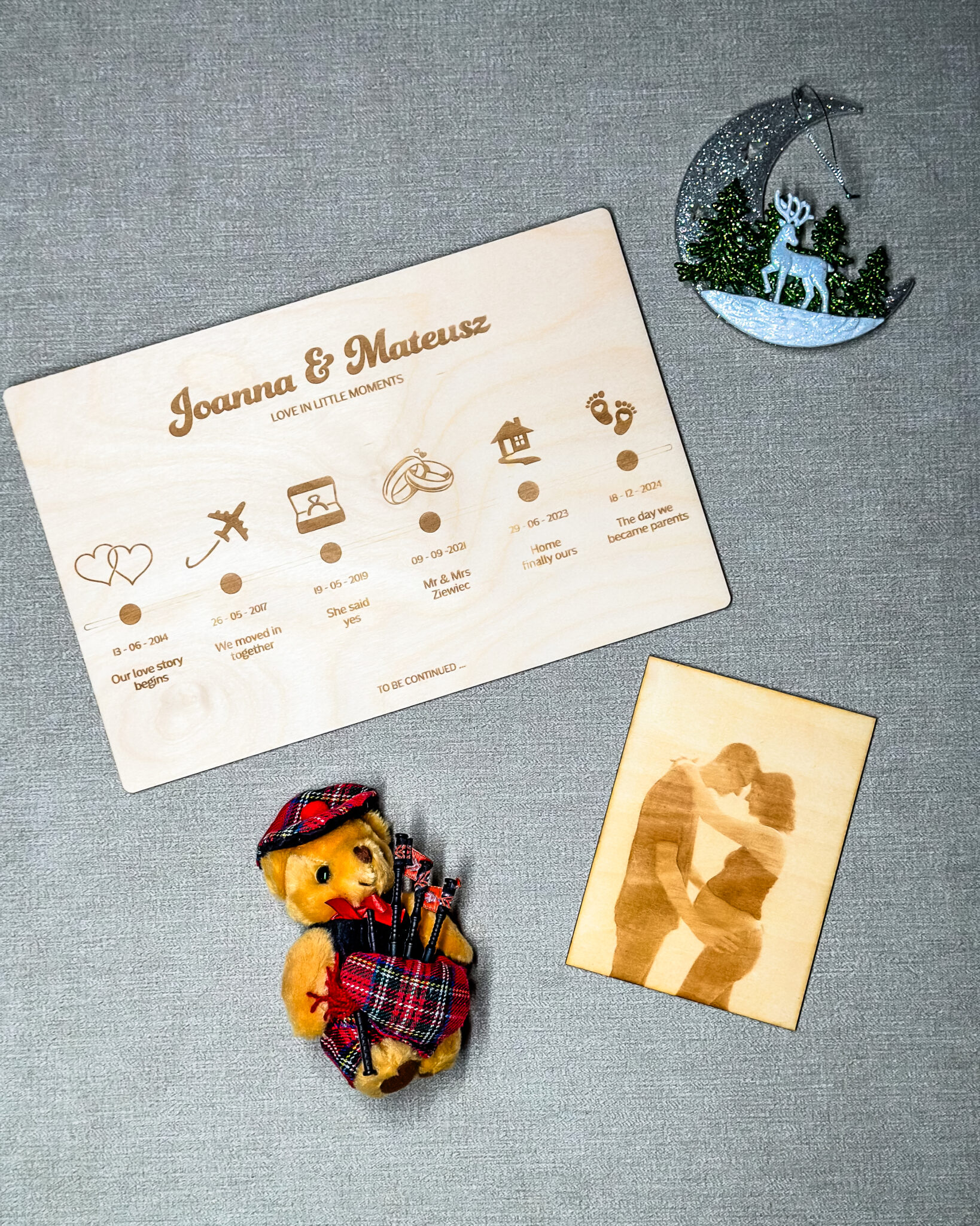 Timeline Moment Plaque and Engraved Photo - lay on textile.